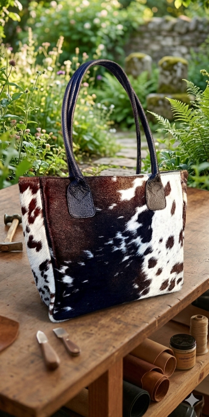 Genuine Black and White Cowhide Tote Bag | Real Fur Leather Handbag