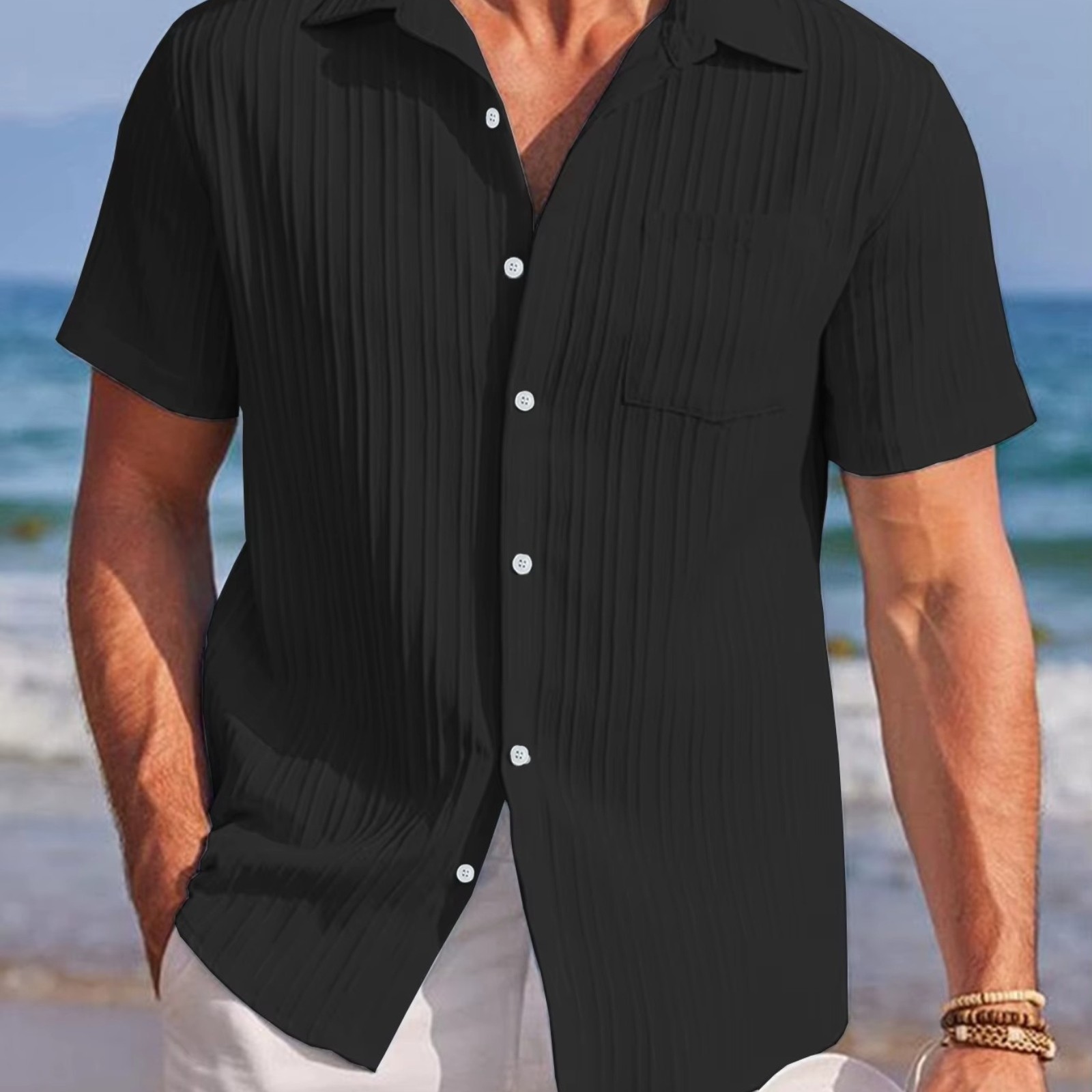 2026 Men Striped Button Down T Shirts Grandad Summer Short Sleeve Casual Tops