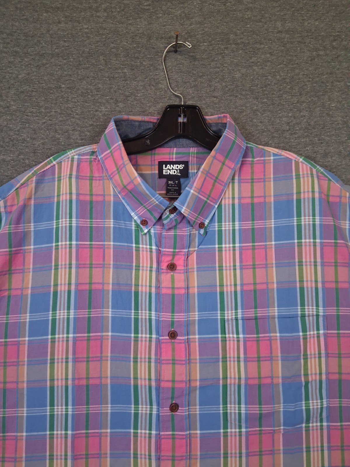 Lands End Mens Shirt 3XLT Blue Multi Plaid Coastal Resort 100% Cotton Spring