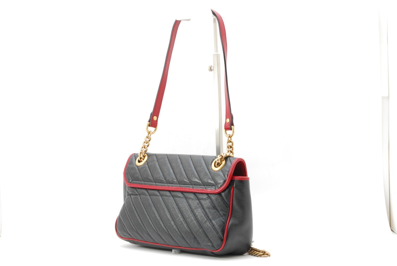 Gucci GG Marmont Shoulder Bag Black Red Trim Chain 443497