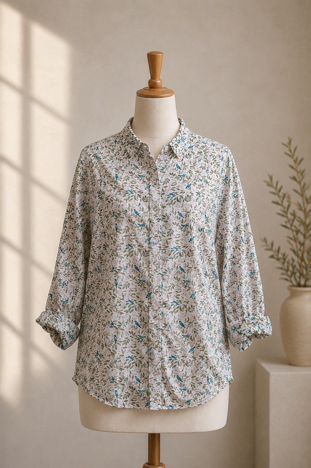 Croft & Barrow Women XL Bird Floral Roll Tab Sleeve Button Front Shirt Cotton