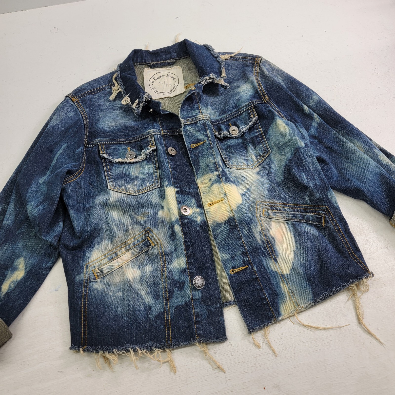 A Rare Bird Handmade Original Distressed Acid Wash Denim Jacket Adult Sz S/M EUC