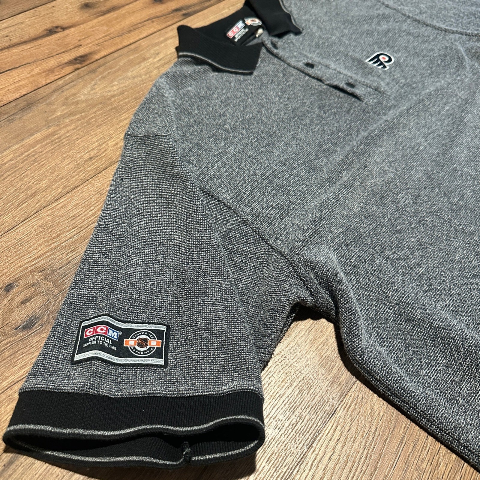 Vintage CCM Philadelphia Flyers Grey Polo Shirt Mens XXL NHL Ice Authentic