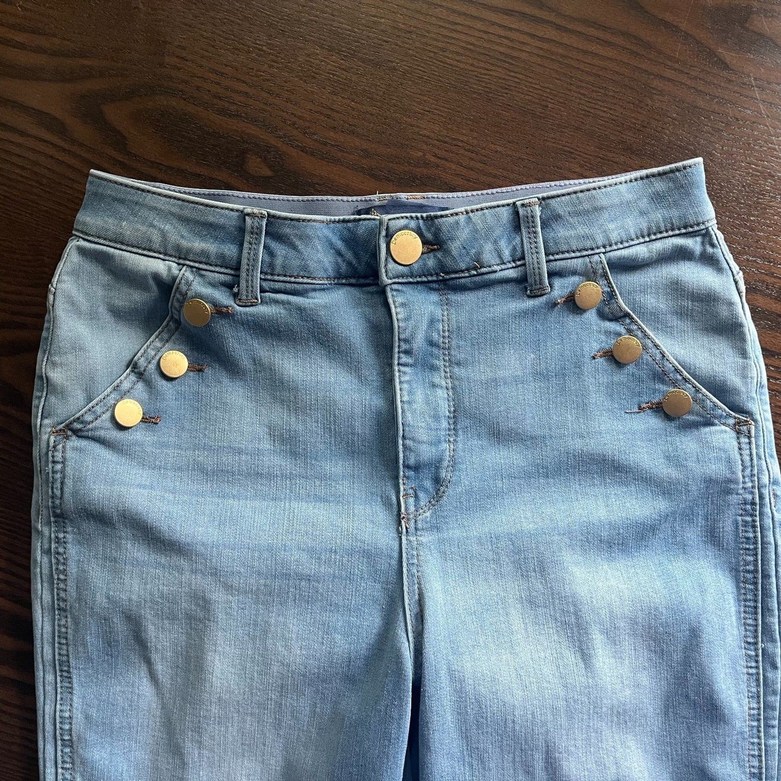 Democracy “Ab”Solution Skyrise Long Flare Jeans Powder Blue Sz 10 Button Pocket
