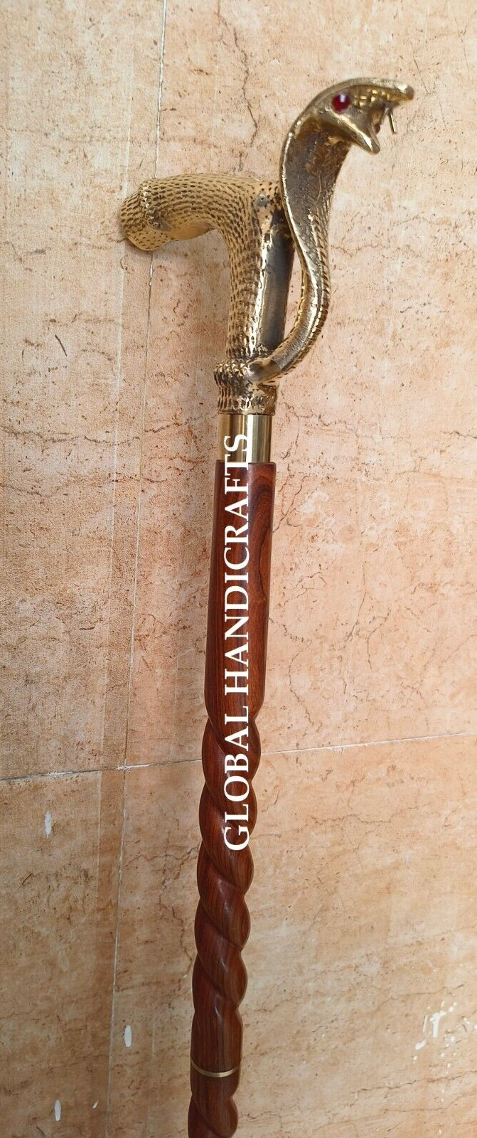 Nautical Brass Designer Snake Handle brown wooden SPIRAL curved walking stick