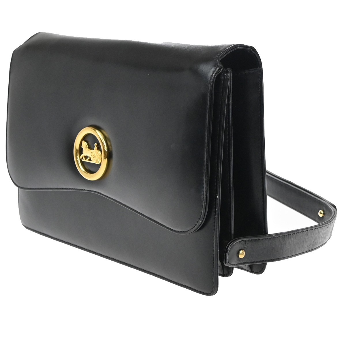 CELINE PARIS Logo Horse Carriage Shoulder Bag Leather Black Gold Italy 38KP606
