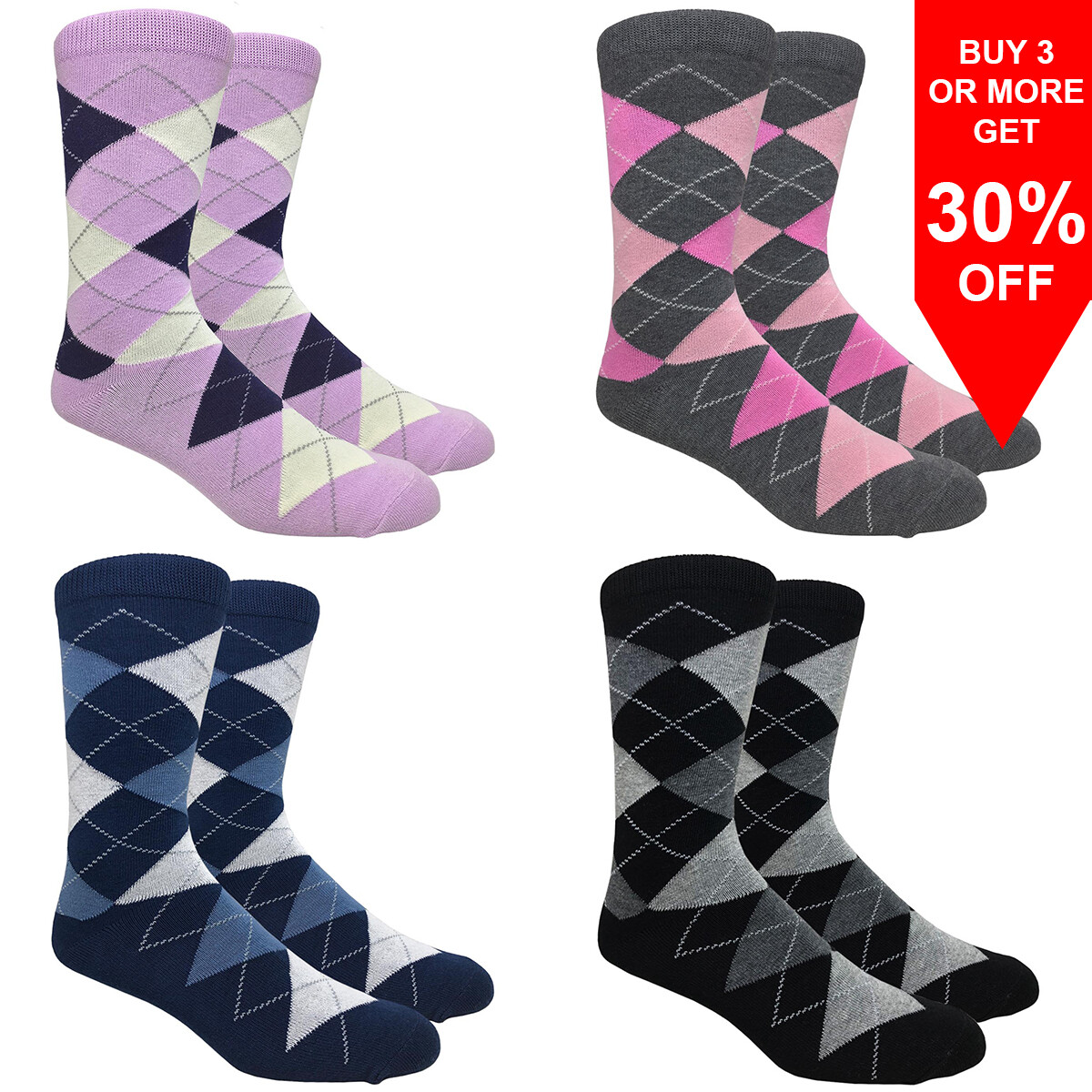 FineFit Men’s Big and Tall Argyle Cotton Dress Socks Wedding Assorted Colors