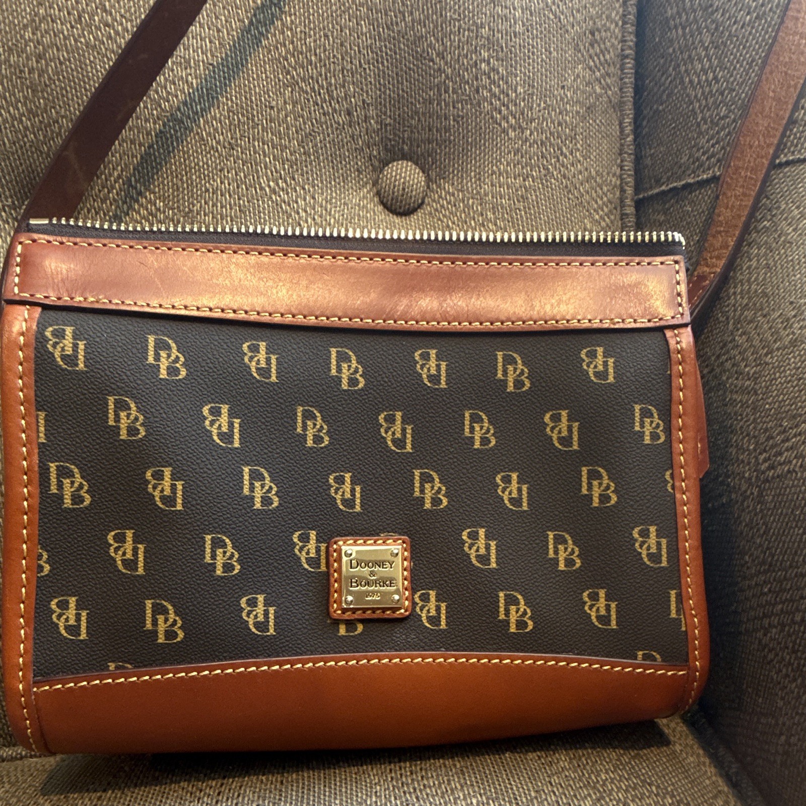 Dooney & Bourke Brown Logo Zip Crossbody, Gold Hardware, Adjustable Strap
