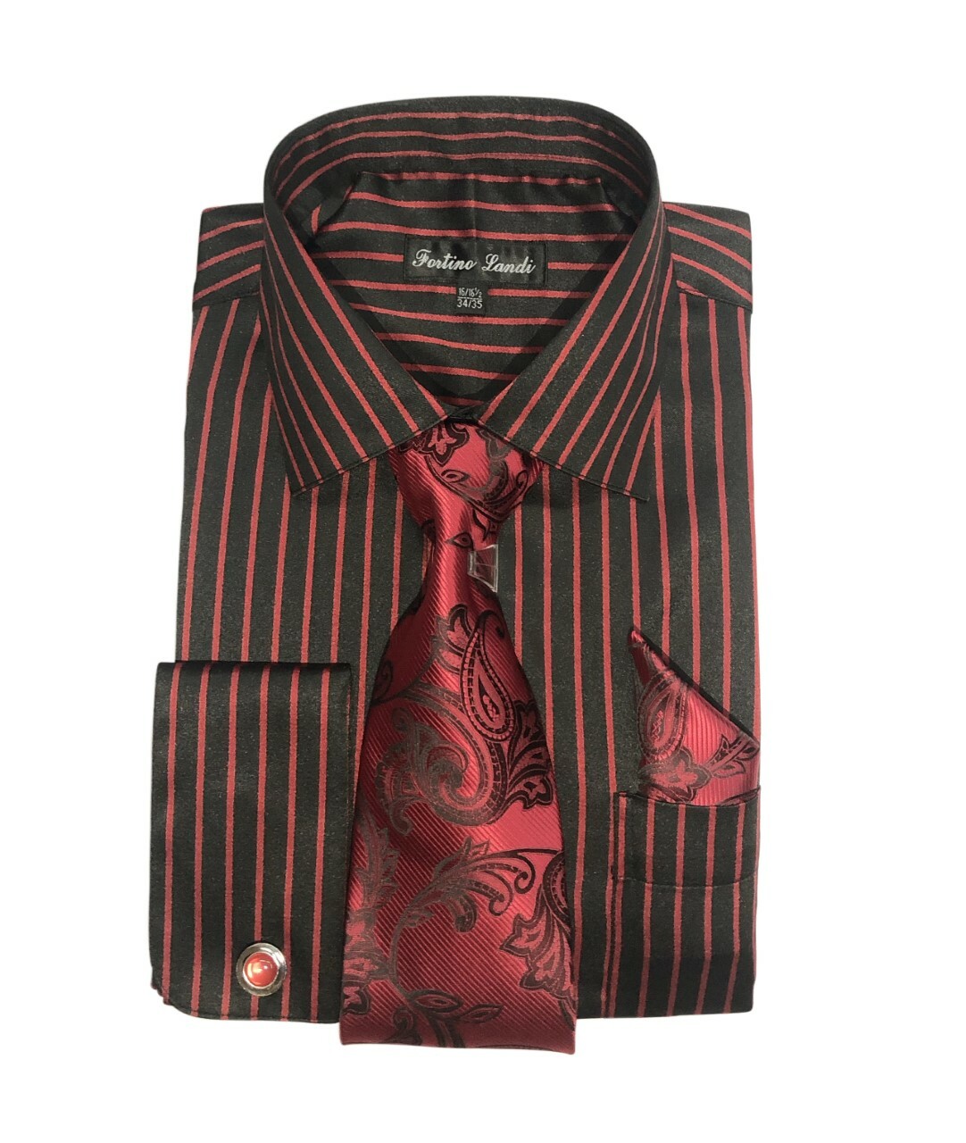 Men’s Striped Dress Shirt with Tie + Handkerchief, French Cuff Links New