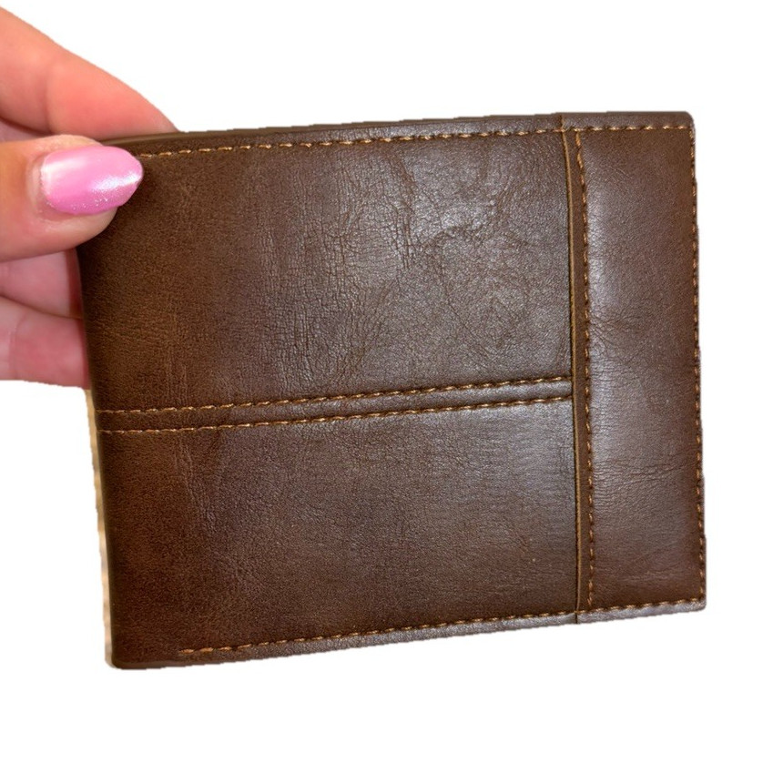 Men’s Brown Bifold Wallet Solid Stitched Credit Card Slots ID Window