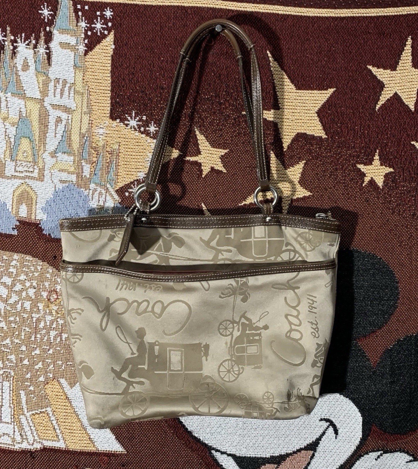 Coach (F14482) Signature Khaki Satin Horse Carriage Brown Leather Tote Purse Bag