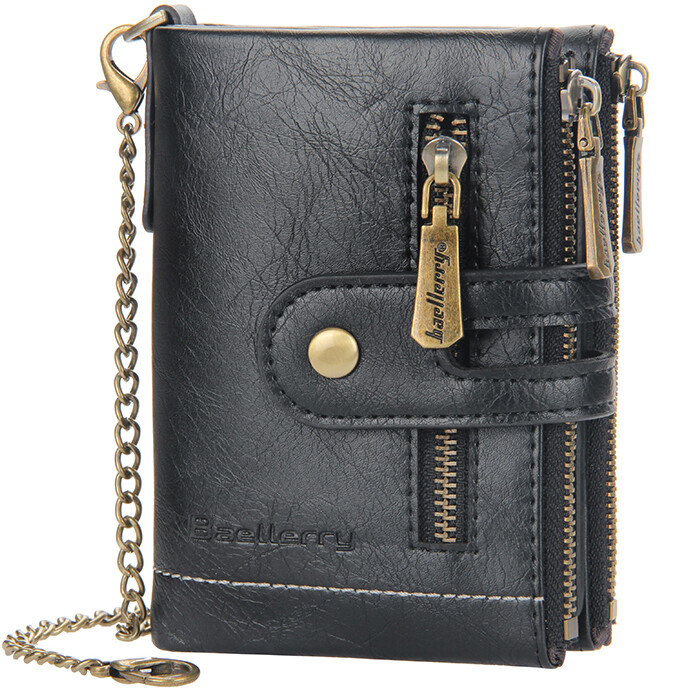 Mens Wallet Genuine Leather RFID Bifold with Chain and Double Zipper Coin Pocket