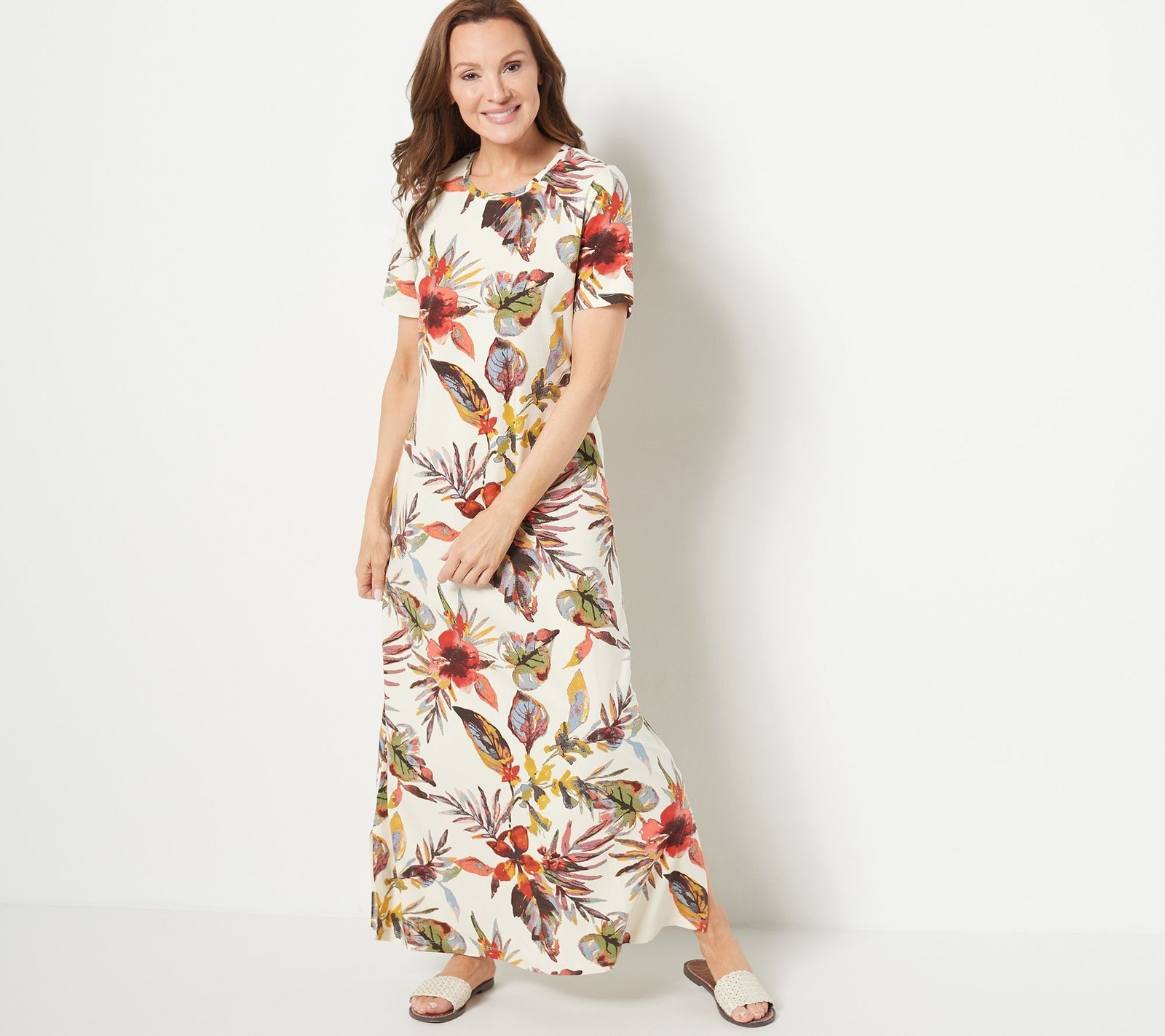 Denim & Co. Beach Petite Short Sleeve Maxi Dress Neutral Floral M New