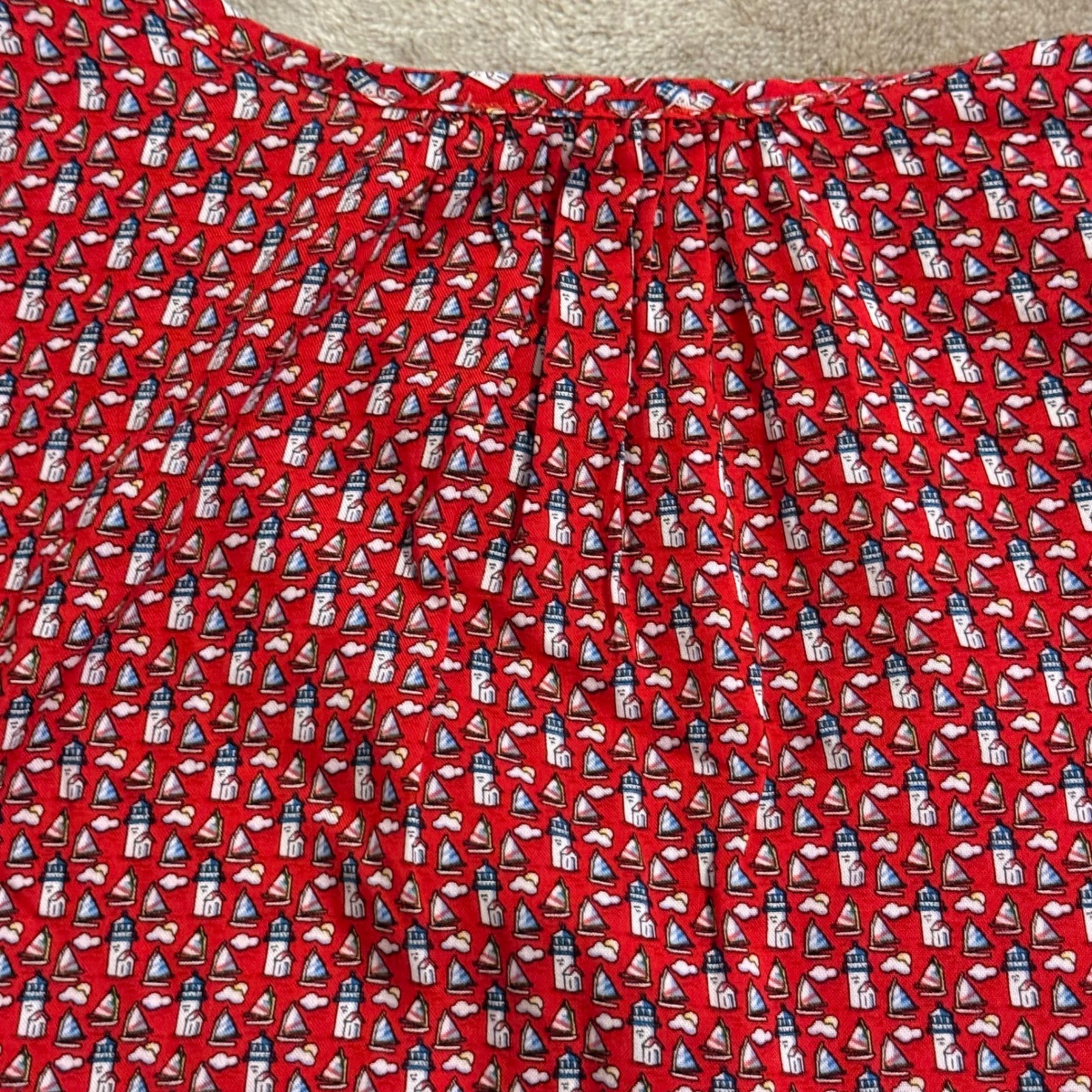 Grand & Greene Womens Red Nautical Lighthouse Sailboat Print Sleeveless Blouse L