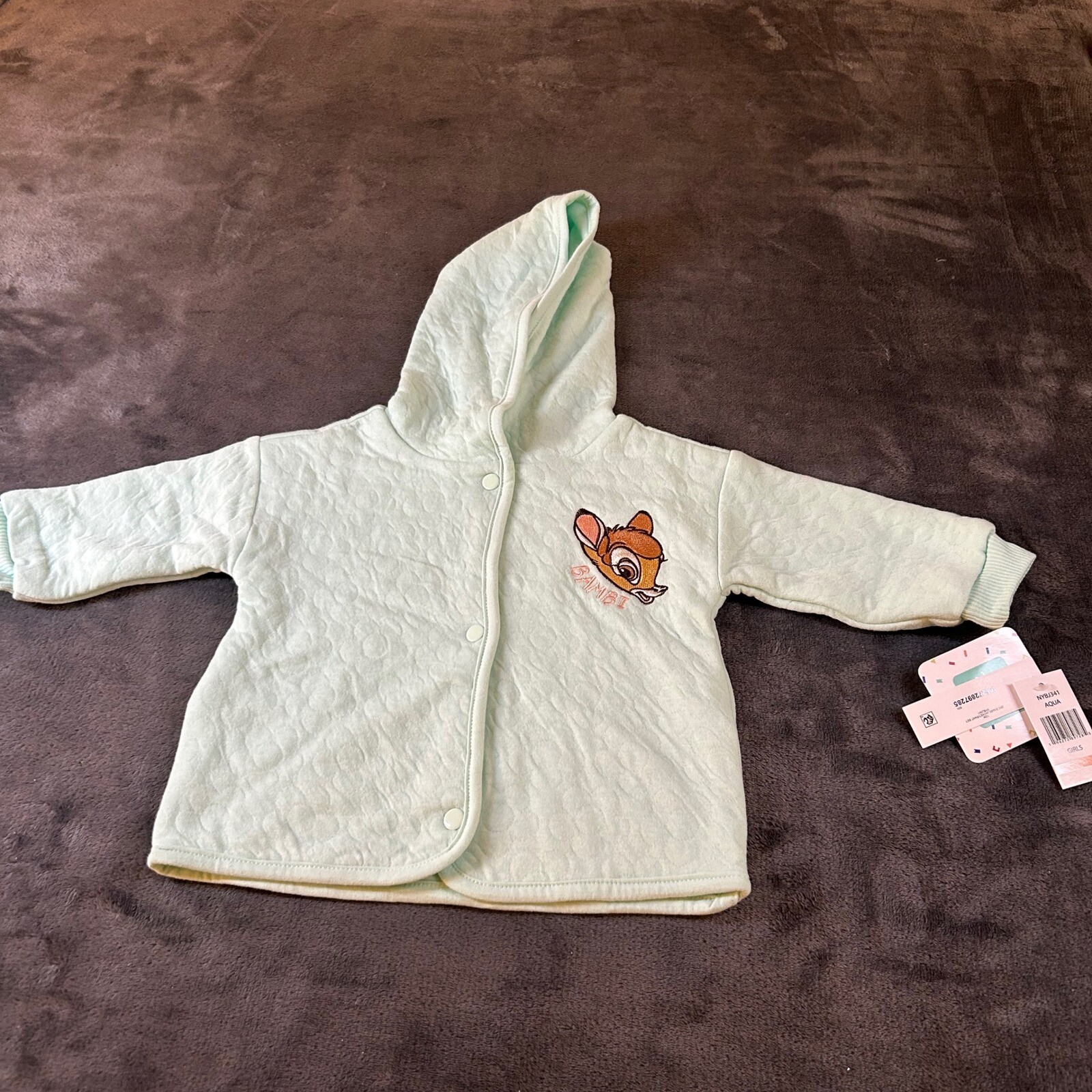 Disney Baby Bambi Hooded Jacket Aqua Quilted Snap Front Coat Girls 12M NWT