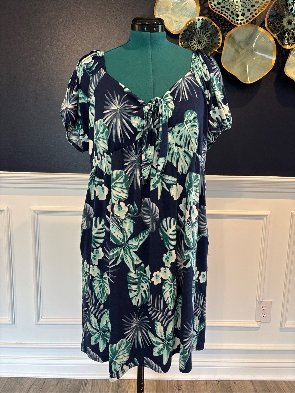Suzanne Betro Navy Blue and White Smocked Tropical Dress