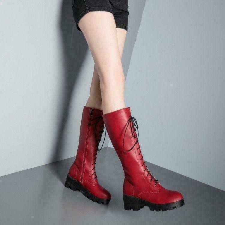Womens Gothic Round Toe Combat Knee High Boots Retro PU Leather Lace Up Shoes