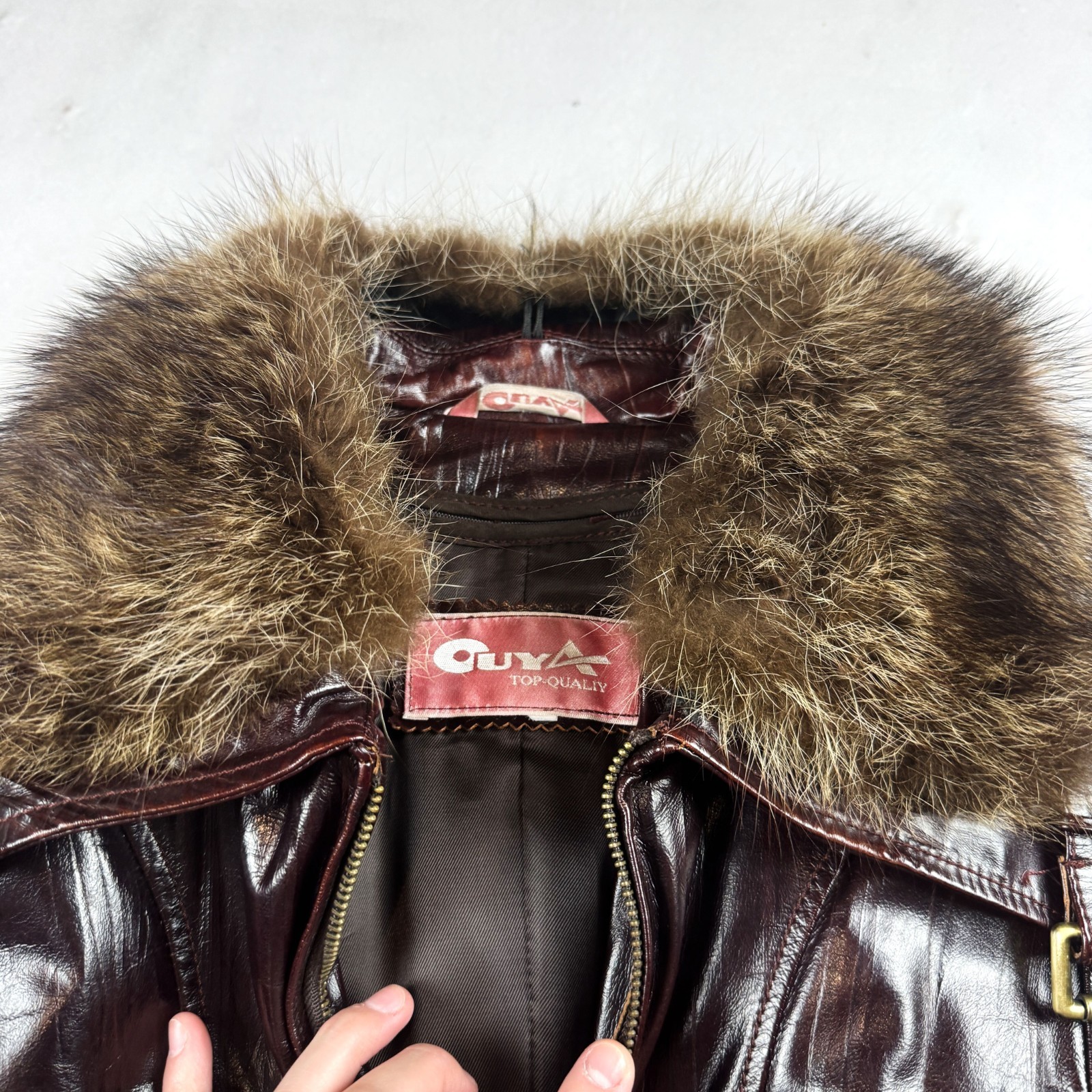 Womens Vintage Brown Leather Jacket Fur Collar Buckle Pocket Biker Moto Style