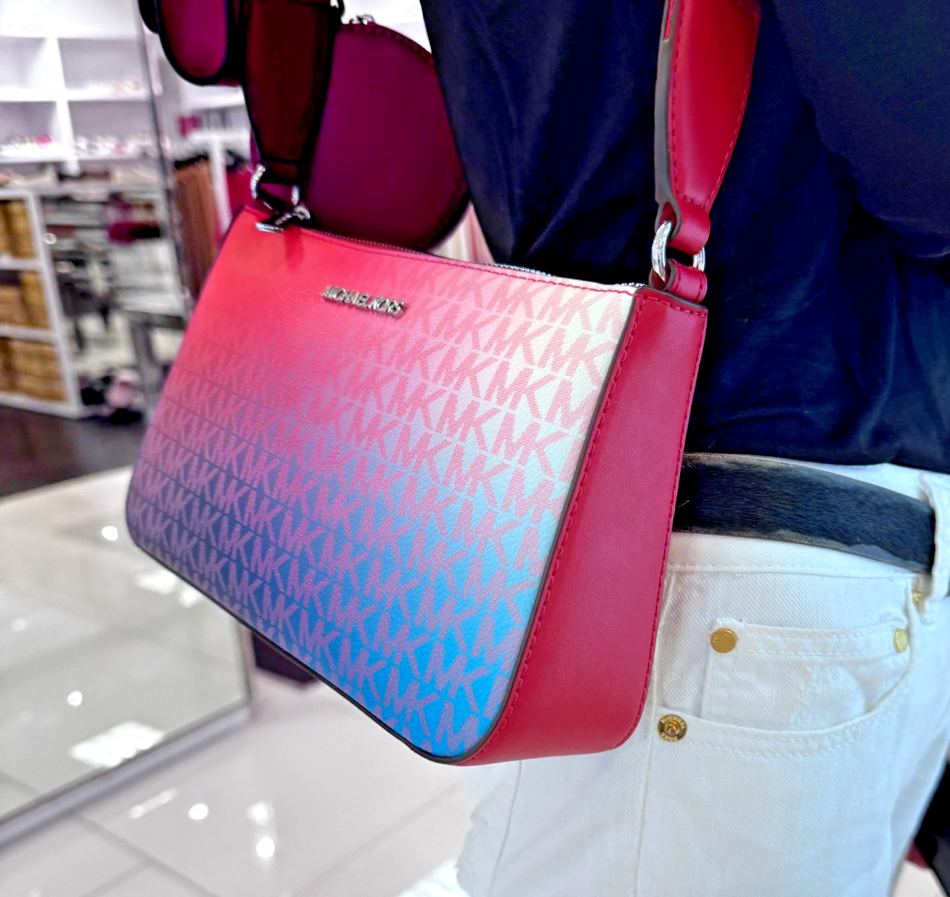 Michael Kors Jet Set Travel S Crossbody Tech 3in1 Bag Dark Raspberry color shift