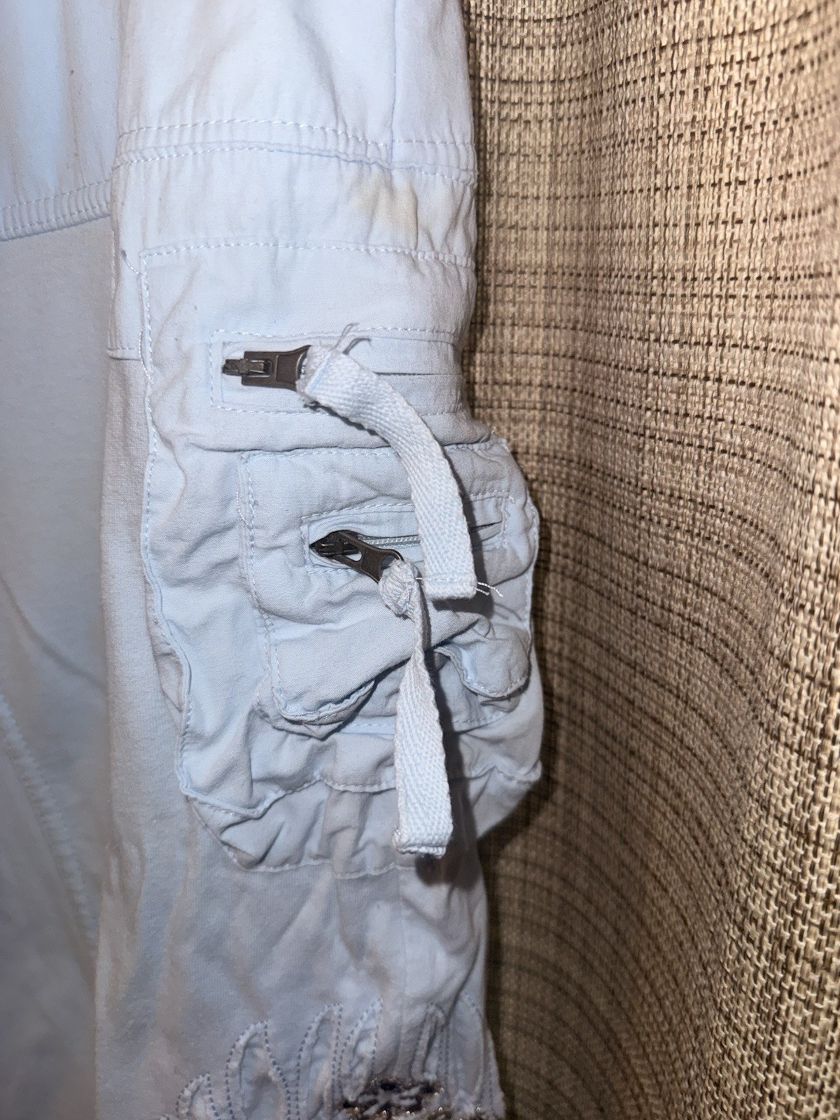 Tokyo Light Blue Cargo Pants Denim 100% Cotton Embroidery Sequins Size Small