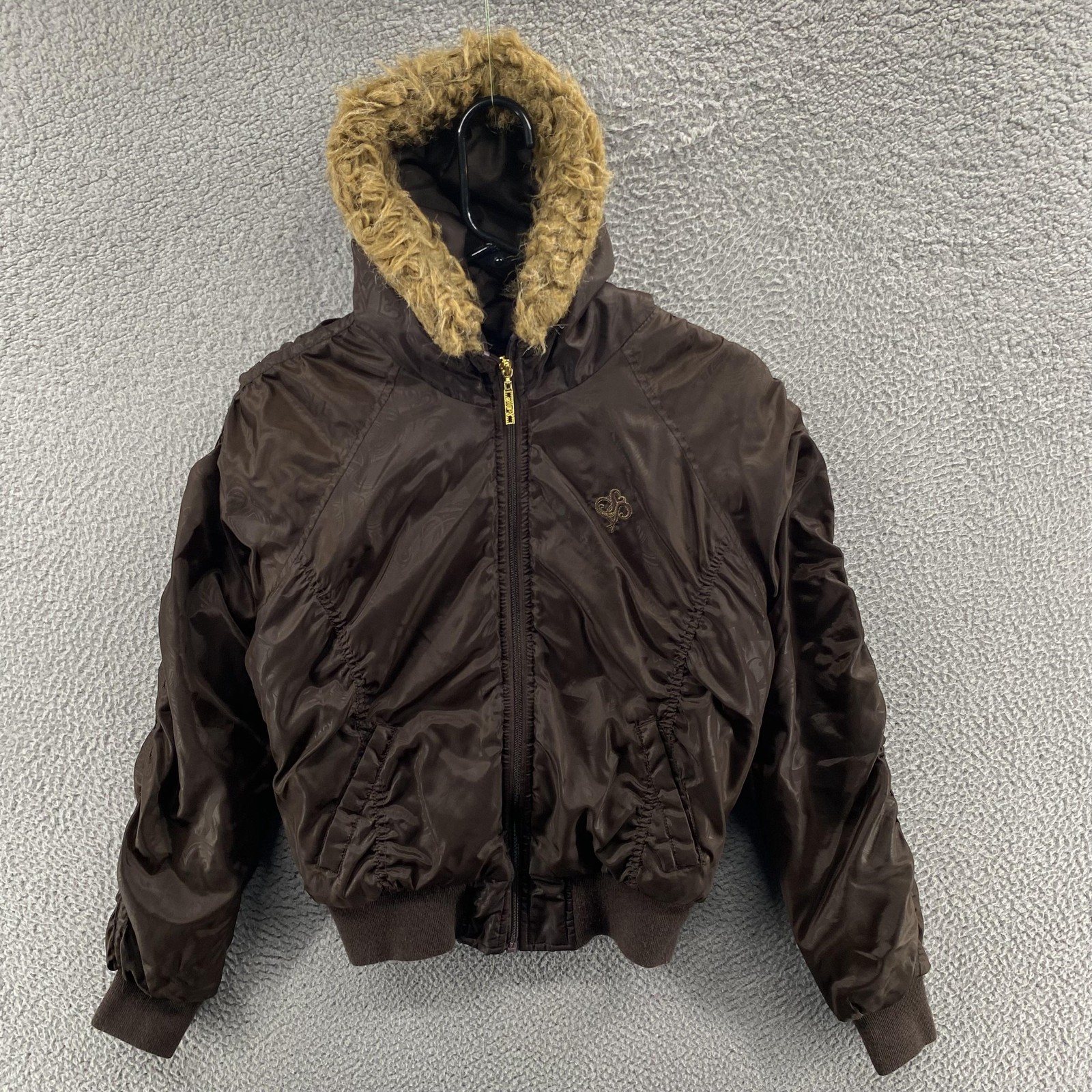 South Pole Jacket Women Small Brown Hooded Bomber Faux Fur Trim Puffer