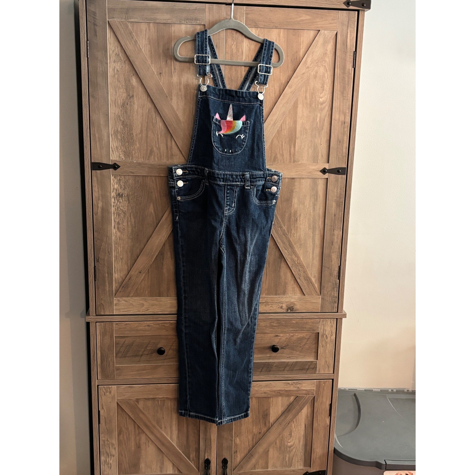 Cat & Jack Girls Unicorn Denim Overalls Dark Wash Blue Jeans Size S 6/6X