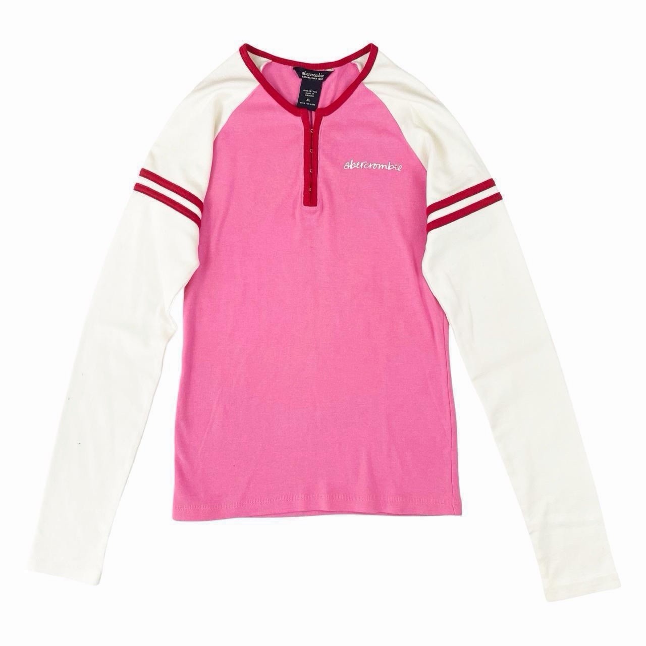 Abercrombie Pink White Red Colorblock Raglan Henley Button Knit Top Juniors XL