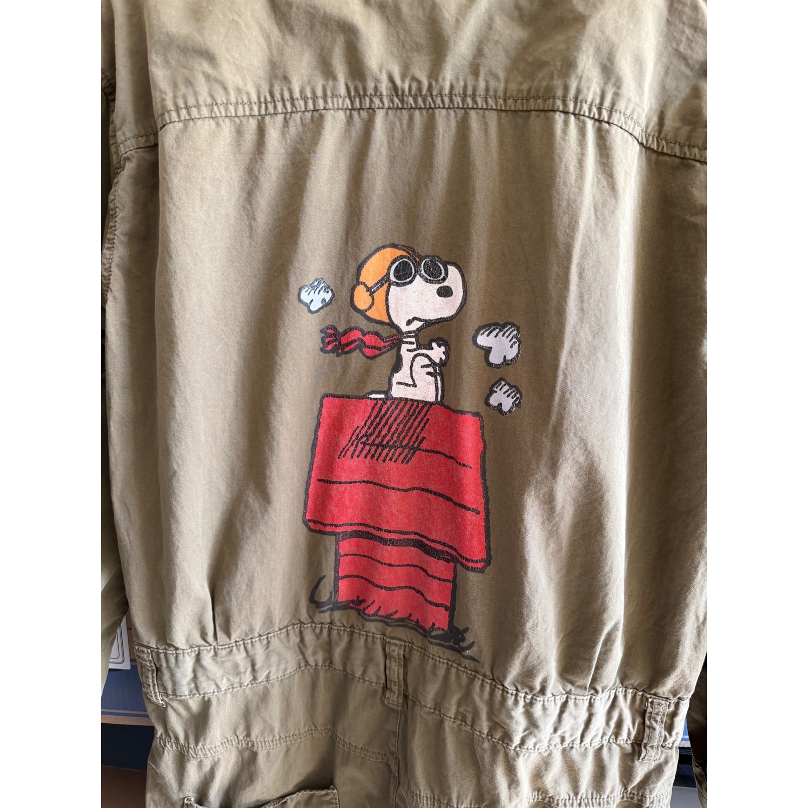 Zara Peanuts Snoopy Olive Green Utility Jumpsuit Coveralls Women’s Large L
