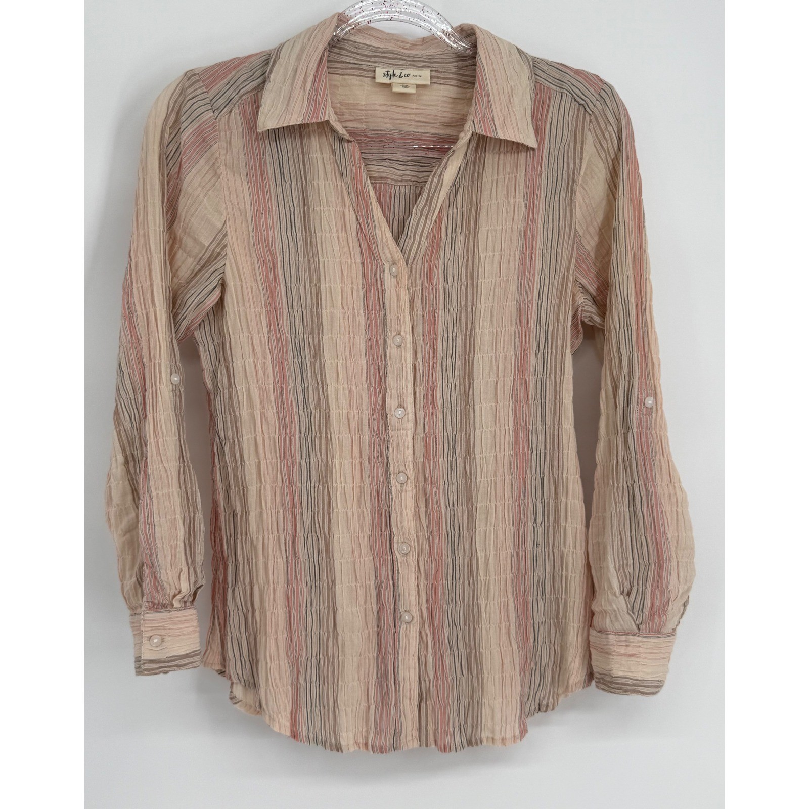 Style & Co Striped Crinkle Button Down Shirt Roll Tab Sleeve Beige Pink Sz pS