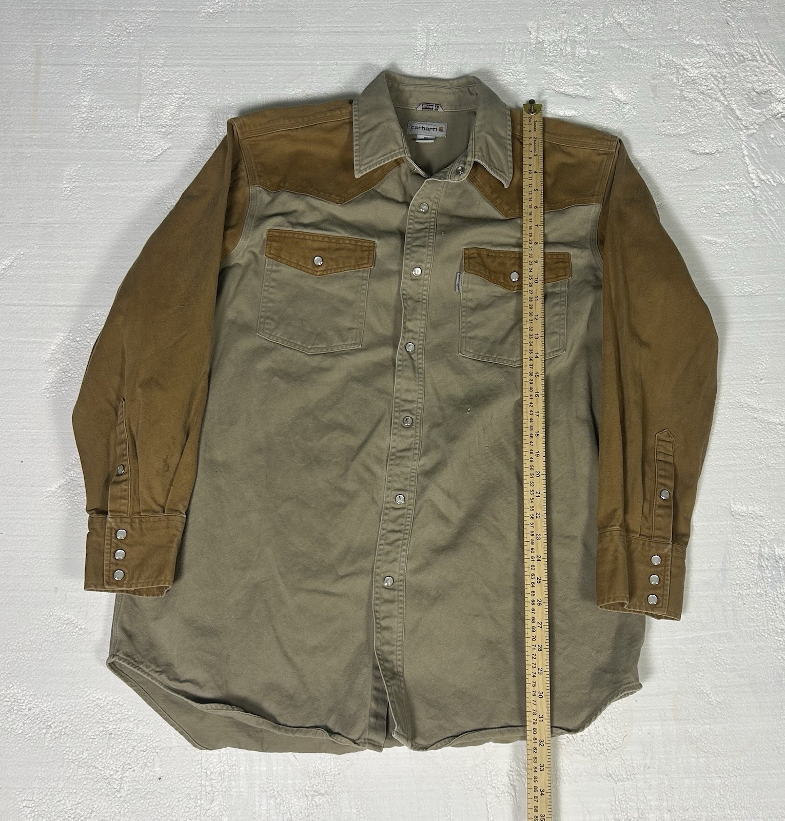 Carhartt Men’s Canvas Pearl Snap Shirt XL 2 Tone Color Block Brown Western