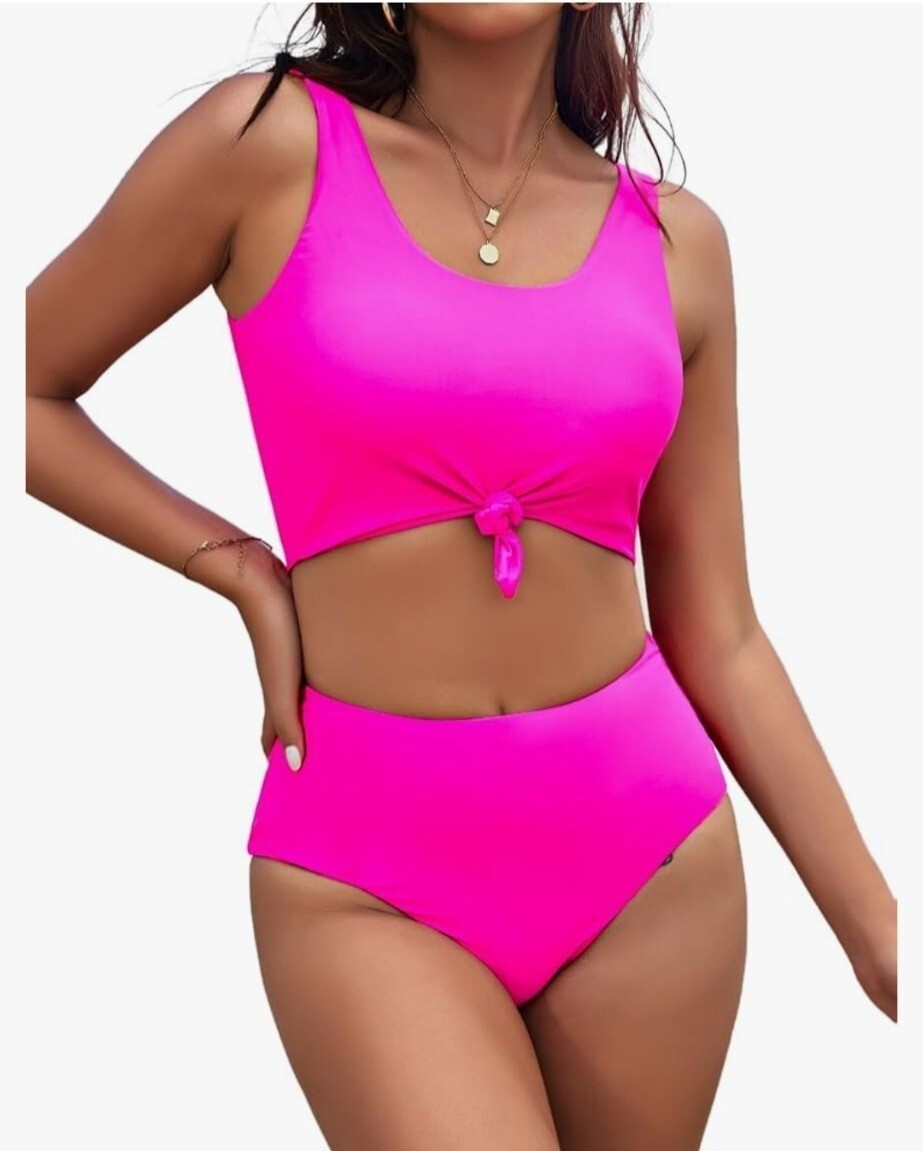 Hot Pink High-Waisted Two-Piece Bikini Set With Tank Top & Tie Detail Size M