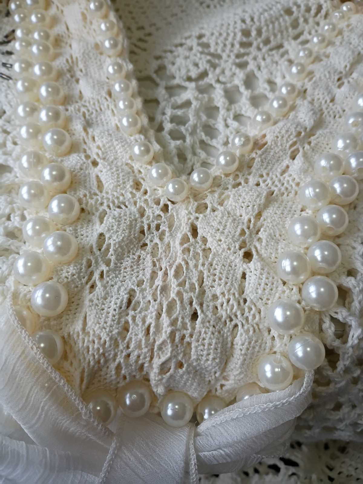 STYLE BRAND QUALITY Crochet top`Pearls Ruffle sleeve seed beads NICE!! LARGE