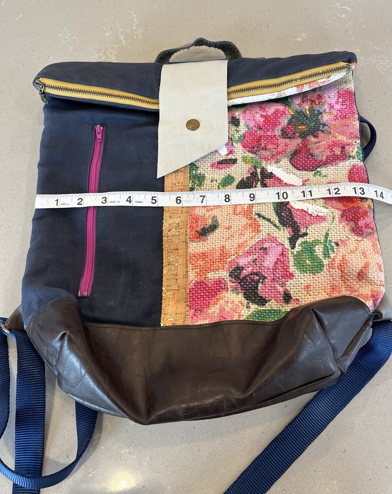 Handmade Roll Zip Backpack Denim Hand Painted Floral Textile Leather Boho Bag