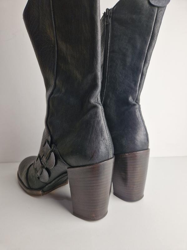 Vintage IXOS Black Leather Mid Calf Boots EU 38 US 7.5 Made in Italy Chunky Heel