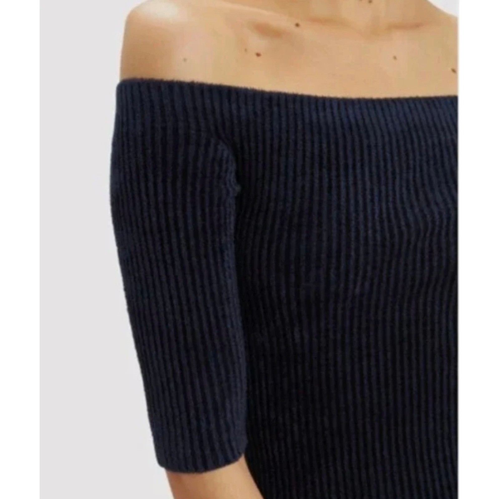 Helmut Lang Italian Yarn Off Shoulder Ribbed Knit Bodycon Midi Dress Size M