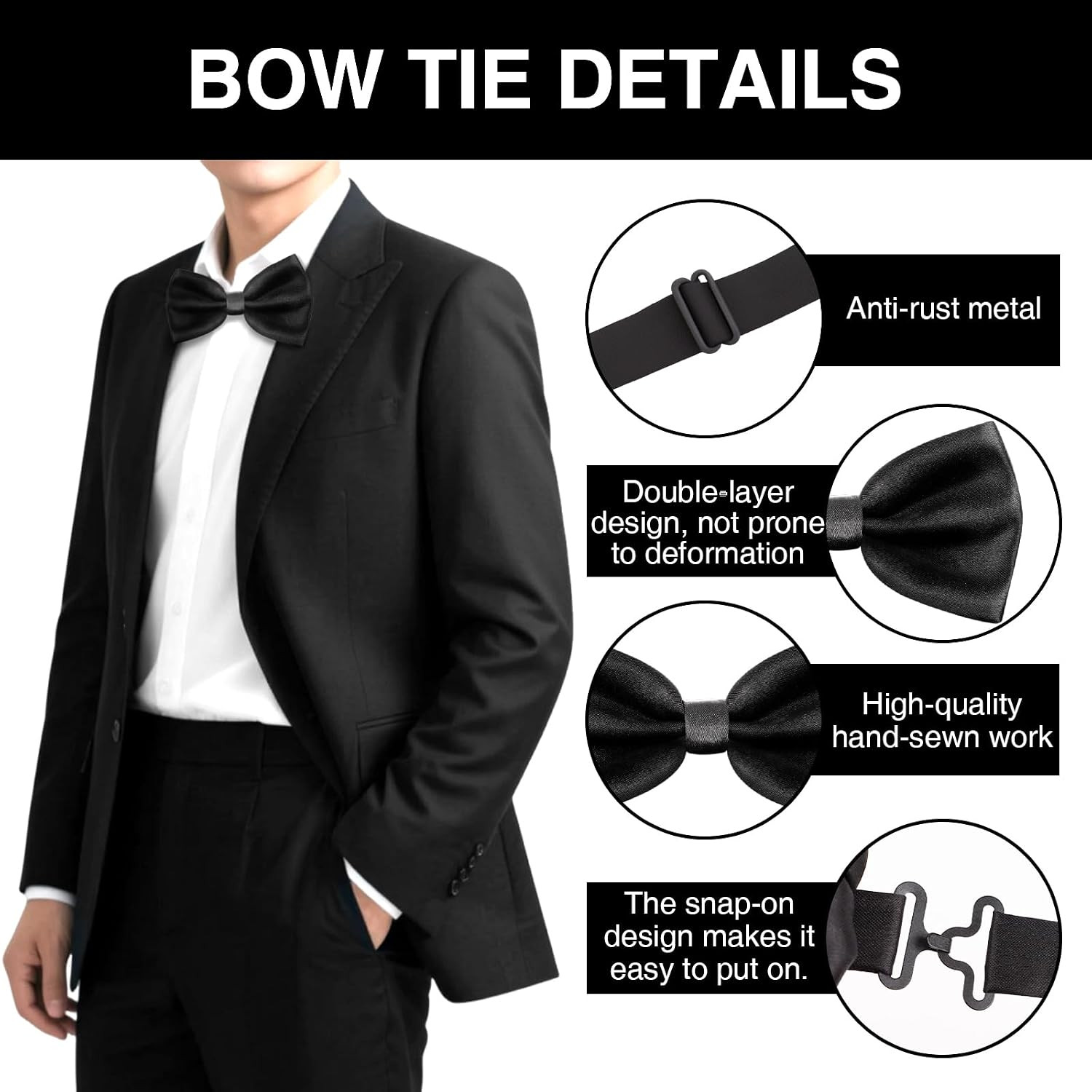 4PCS Black Bowties Men Kit, Pre-tied Corbatines para Hombres Elegantes, Bowtie a