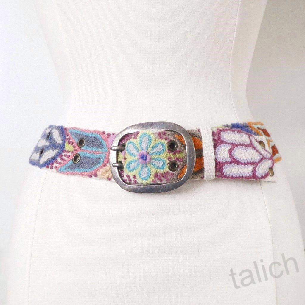 Jenny Krauss Colorful Floral Embroidered Wool Belt In Cream Handmade Peru S M L