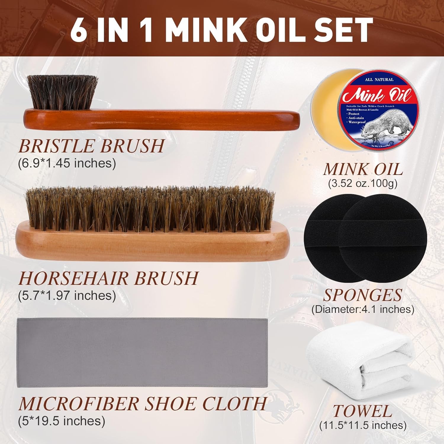 6-in-1 Mink Oil Leather Conditioner 3.52oz Cleaner for Boots Shoes Jackets