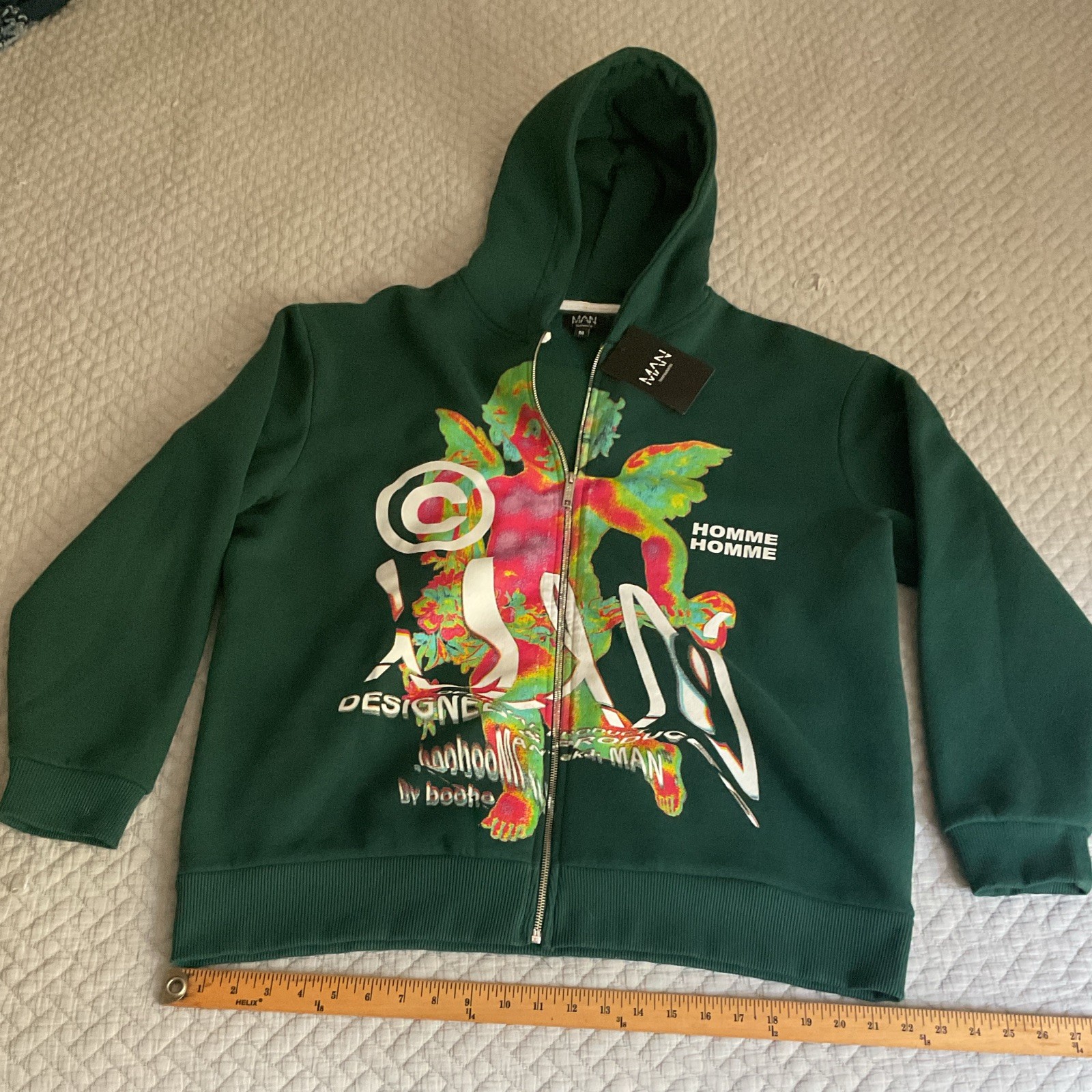 boohooMAN Men’s Green Full Zip Fleece Hoodie Cherub Graphic Logo Size M