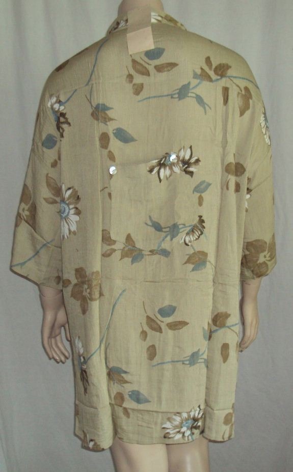 A4 Beige Blue Floral Batik ARTSY Crinkle Rayon Tunic Top Long Bust 68 2X 3X 4X