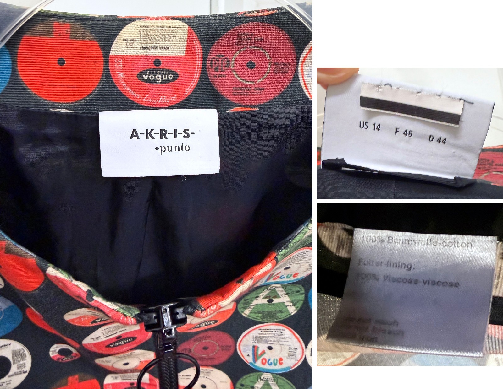 Akris Punto Record Print Jacket Top Dots Circles Vinyl CDs Colorful Full Zip 14