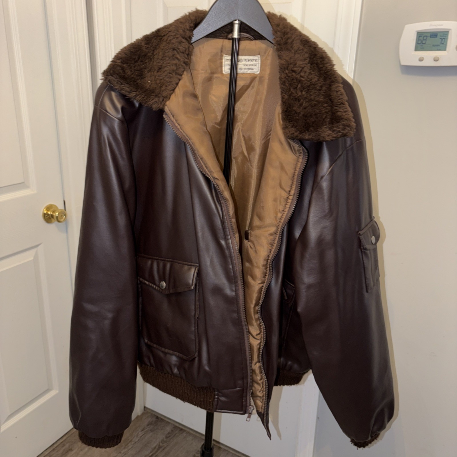 Vintage pu leather g1 bomber jacket XXL Faux Fur Collar Flapper Pockets zipper