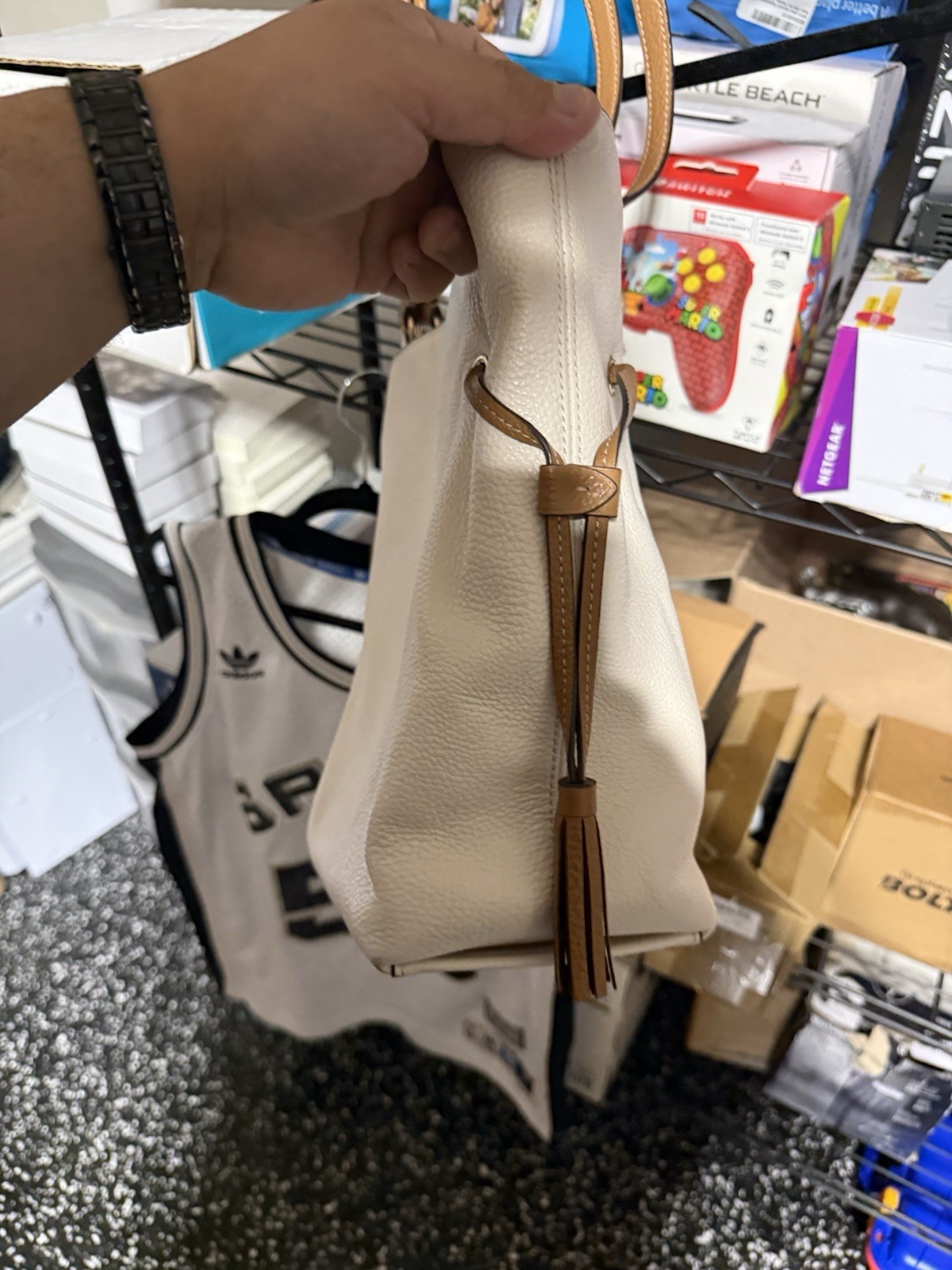 Coach Andy With Horse & Carriage Leather Tote Bag White & Brown Tassel Old Money