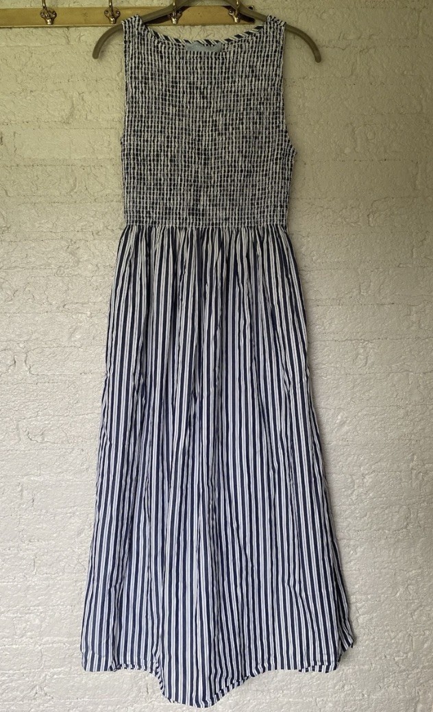 Hill House Home The Nap Dress The Cosima Cotton Smocked Navy & White Stripe sz M
