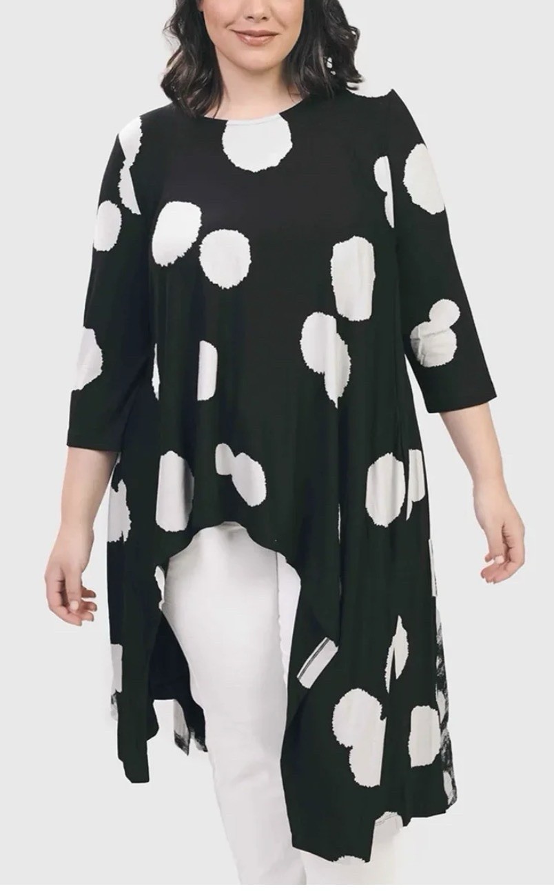 ALEMBIKA Black White Polka Dot Tunic Lagenlook Artsy Sleeveless Trapeze Top XL