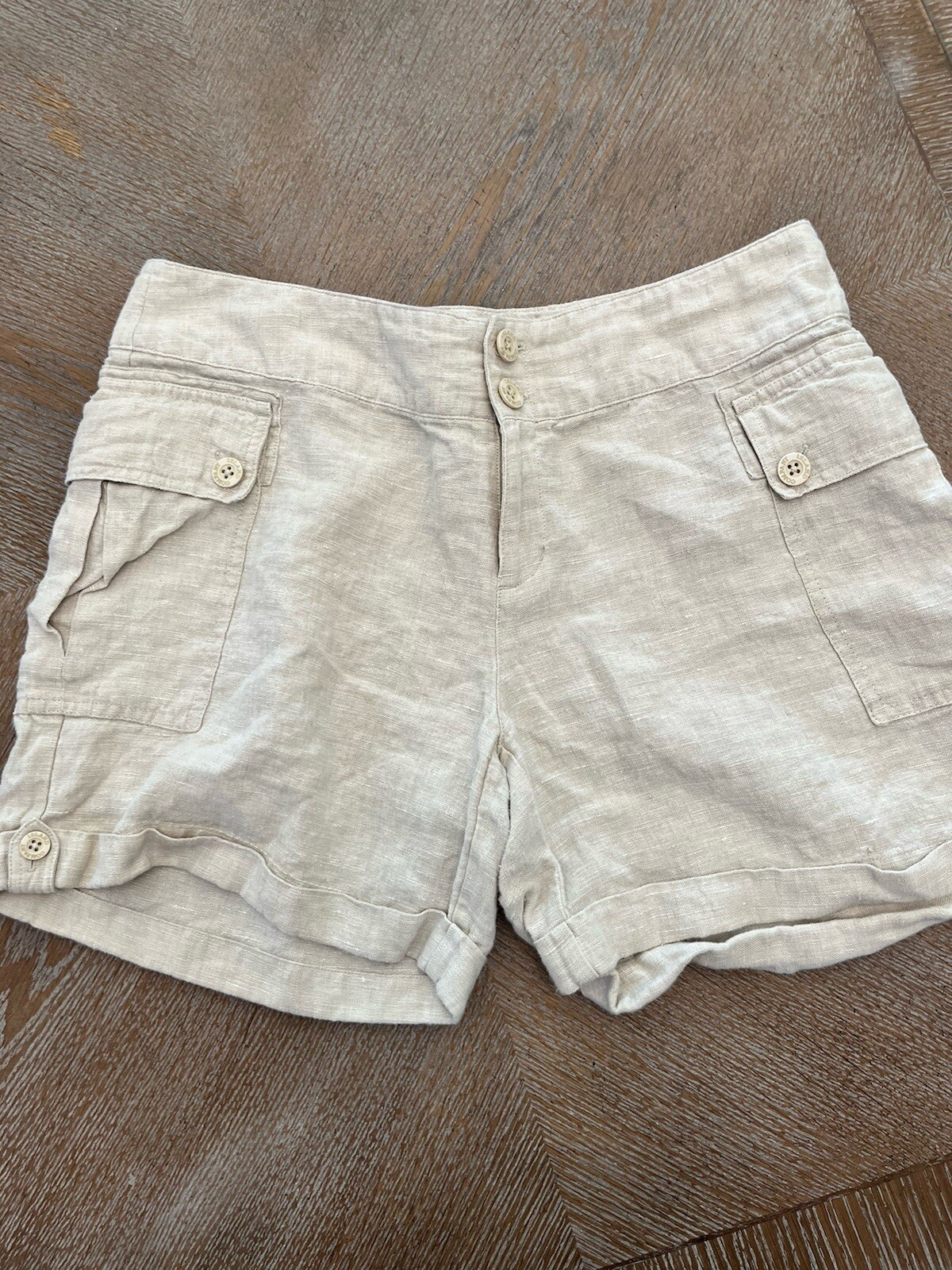 Island Company 100% Linen Cargo Shorts Size 10 Beige Waist 34” Inseam 5.5”