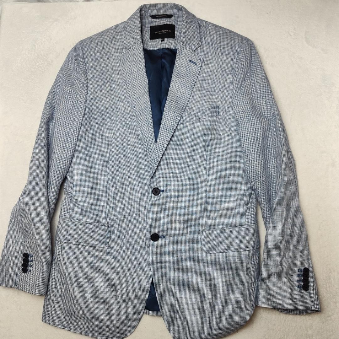 Banana Republic Sport Coat Mens 40R Blue White Linen Houndstooth Tailored Jacket