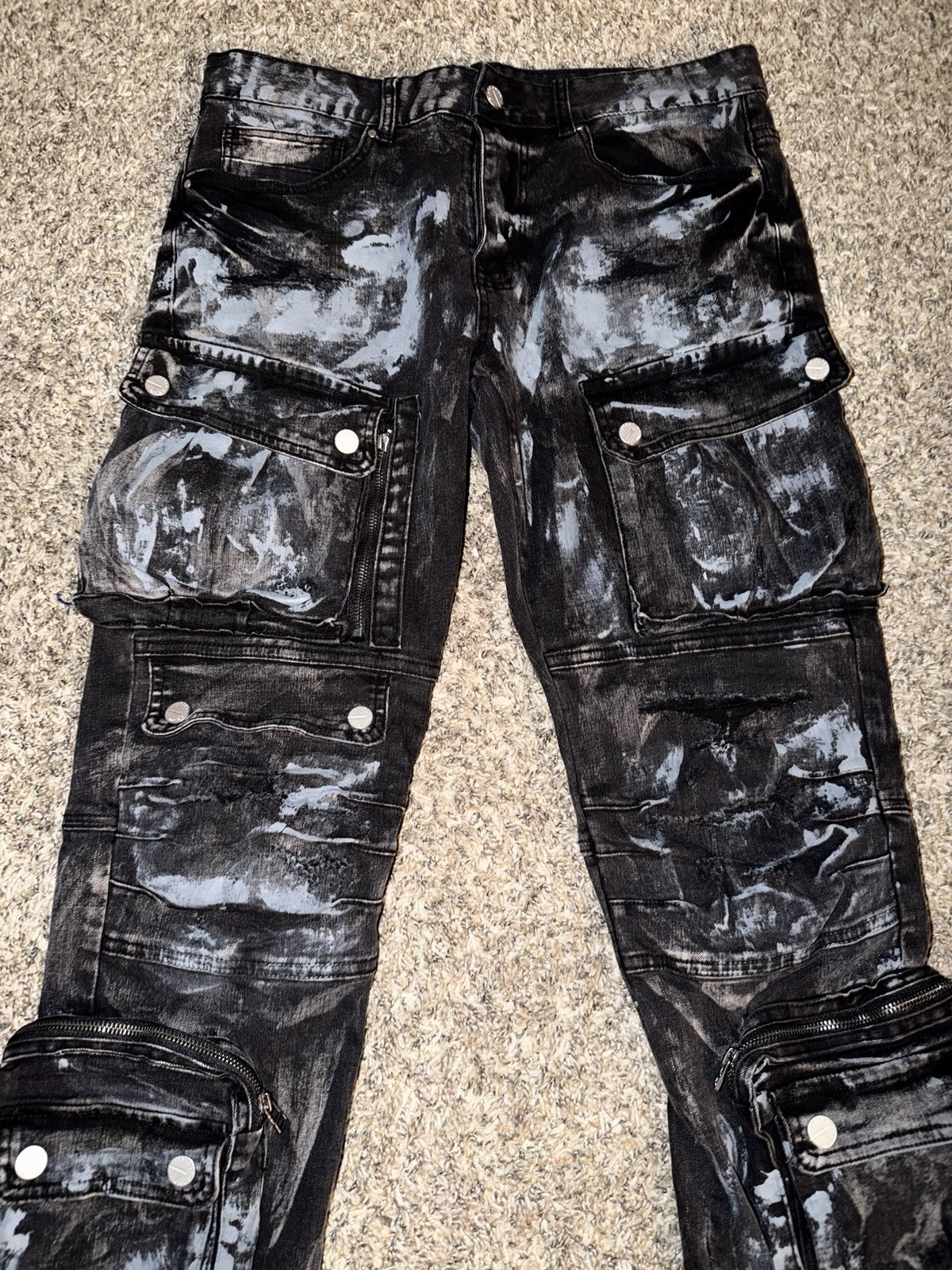 Men’s Distressed Cargo Paint Splatter Zipper Pocket Jeans Pants Stretch Black 34