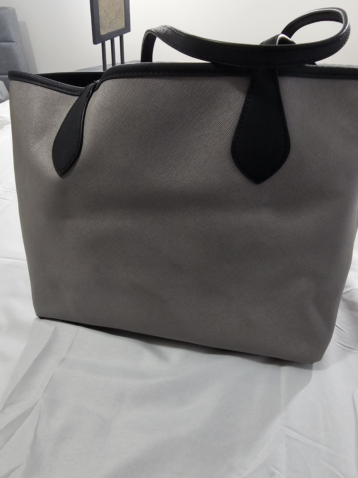 Michael Kors Saige Reversible Tote With Gray Leather Exterior And Black Interior
