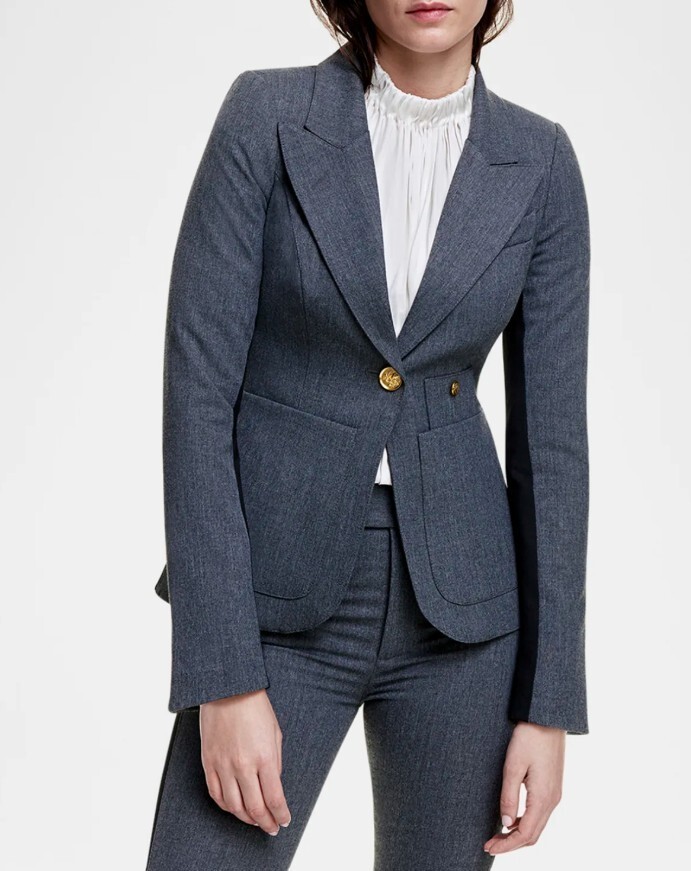 Smythe Women’s Charcoal Grey Black Patch Pocket Tux Stripe Blazer Size 12